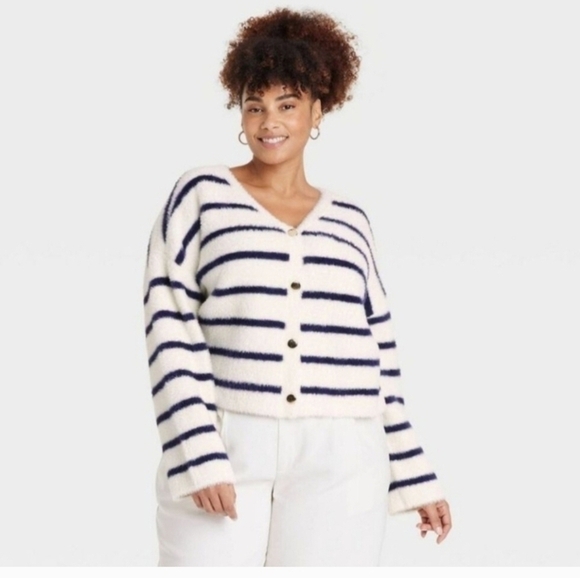 a new day Sweaters - A New Day Women's Fuzzy Party Cardigan Cream Navy Blue  Size 3X